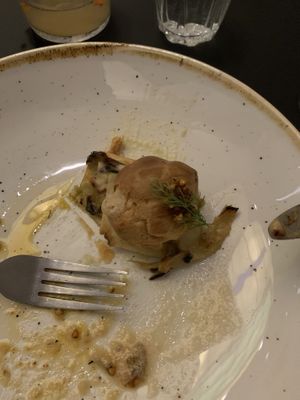 Couldn’t contain myself and took the photo after some bites. Grilled Fennel with apple and buckwheat baked thing on top filled with cream that imitates cheese!  at Frank. in Brussels