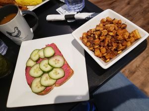 Beet hummus toast and breakfast potatoes at Speckled Hen Coffee in Strasburg