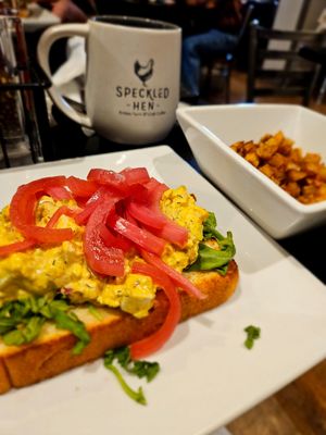 Vegan "egg salad" toast and home fries. at Speckled Hen Coffee in Strasburg