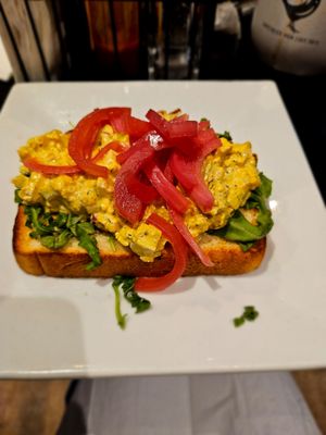 Vegan "egg salad" toast with pickled onions. at Speckled Hen Coffee in Strasburg