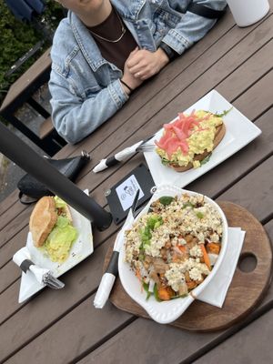 Tofu sandwich, egg salad on toast, and a vegan bowl with veggies tofu and peanut sauce   at Speckled Hen Coffee in Strasburg