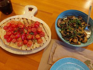 Bruschetta with garlic and tomatoes, garlic mushrooms at Porto Rino in Crete