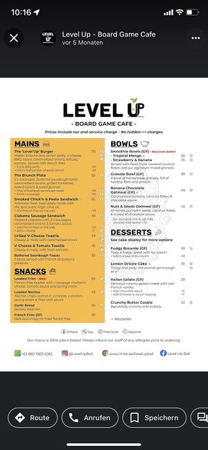 The menue  at Level Up Board Game Cafe in Seminyak