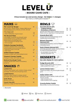 Menu - Food  at Level Up Board Game Cafe in Seminyak