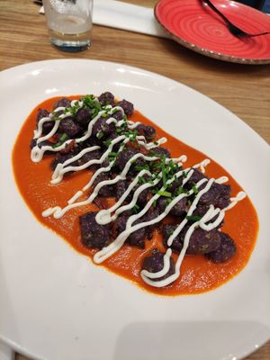 Purple gnocchi with brava sauce at Street & Soul in Toledo