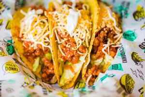 crunchy tacos with chili sin carne made with soy mince(also available without cheese and sour cream)  at Donki in Leuven