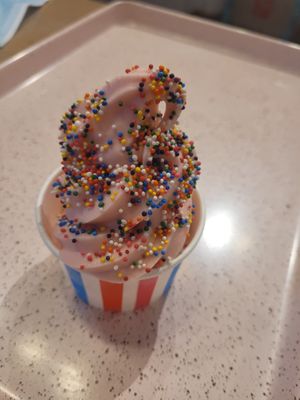 Vegan Strawberry Fruit Whip with rainbow sprinkles.  at Papsy's Place in Wilmington
