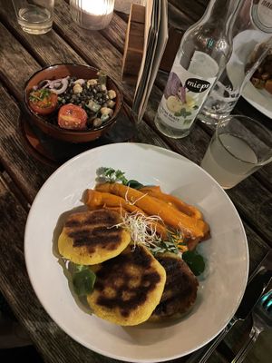 Dish of the day. Corn patties, pepper and a lentil side salad   at Mala in Leipzig
