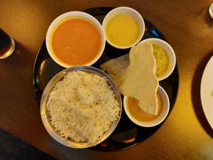 Rice with veggie curries at SJ SouthIndian Food in Mannheim