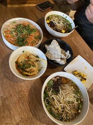 Chay Phos, Green Papaya Salad, and Saigon Hummus (no pork)…. We had already dug in when I took the pic!  at The Good Bowl in Traverse City