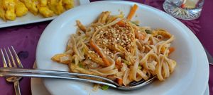 Pad thai (asked for tofu instead of prawns). Eggplant in the back of the picture. at Oriental World in Lanzarote