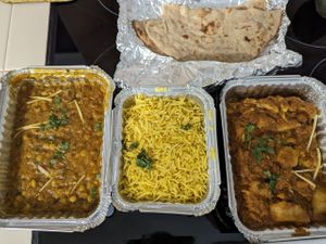 dal, pilau rice, aloo gobi and roti (all vegan) at Dawat in Tavira
