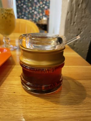 Chili oil: use this to season your food!  at Ramen 面面聚到 in Luxembourg City