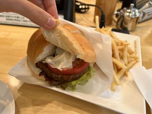Teriyaki Mayo Avocado Burger with an excellent amount of fries  at KOMEDA is in Tokyo