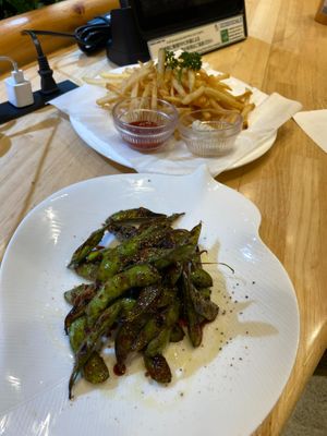soy sauce edamame and rice flour fries  at KOMEDA is in Tokyo