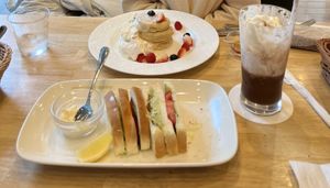 Lemon sandwich, pancakes and ice hot chocolate  at KOMEDA is in Tokyo