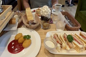 Toasts, pancakes, soy croquettes, “ham” cutlet sandwiches  at KOMEDA is in Tokyo