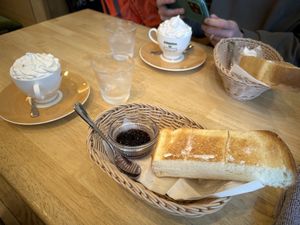 Hot cocoa, toast and jam  at KOMEDA is in Tokyo