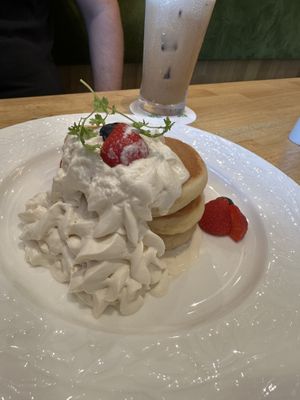 Fruit pancakes with vegan whipped cream  at KOMEDA is in Tokyo