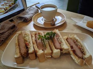Soy ham cutlet sandwich and oats milk at KOMEDA is in Tokyo