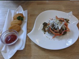 Soy cream croquet, and fried soymeat at KOMEDA is in Tokyo