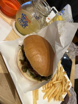 Miso burger, fries and apple juice   at KOMEDA is in Tokyo