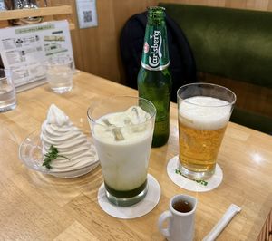 Almond milk Icecream (Left), Beer, and Soy Matcha Au lait   at KOMEDA is in Tokyo