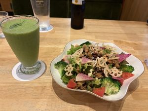 salad and green smoothie  at KOMEDA is in Tokyo