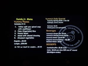 Sunday Menu at Yummy's Vegan Takeout and Bakery in Stone Mountain