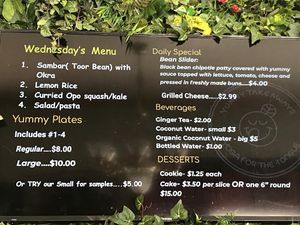 Yummy plate menu changes each day at Yummy's Vegan Takeout and Bakery in Stone Mountain