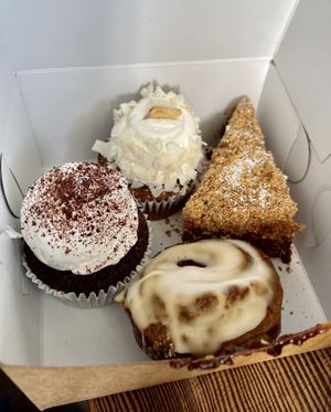 Tuxedo cupcake, banana coconut cupcake, apple cardamom cake and cinnamon roll. The apple cardamom tasted like potpourri. It was awful and a waste of $6. The cupcakes were dry    at Wholesome Bakery in San Francisco