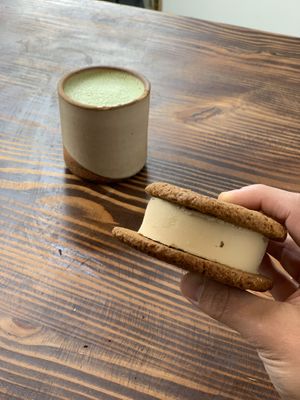Ice cream sandwich and matcha latte at Wholesome Bakery in San Francisco