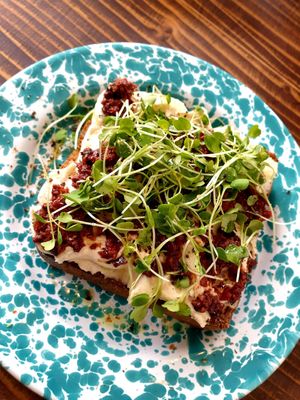 'Goat cheese' and tapenade toast at Wholesome Bakery in San Francisco