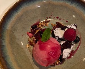 Vegan brownie dessert with sorbet  at Antichi Sapori in Basel