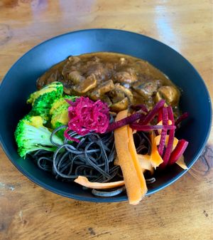 Mushroom stroganoff with black bean spaghetti  at Wise Cicada Wholefood Cafe in Auckland