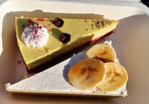 Banofee cheesecake and lemon and raspberry cheesecake at Wise Cicada Wholefood Cafe in Auckland