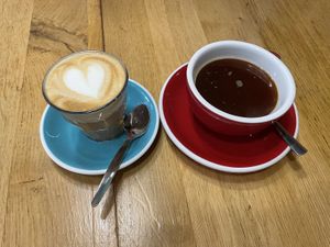 Cortado with oat milk and americano  at Cafe Noti in Mallorca