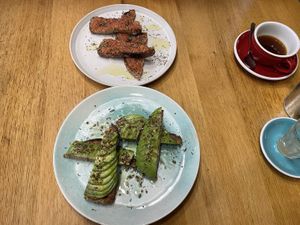 Tomato and avocado toasts  at Cafe Noti in Mallorca