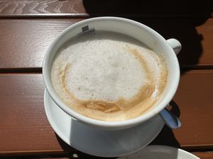 Milk coffee with plant based milk.  at Das Rote Haus in Vitte