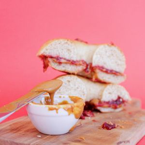 Bagel with peanut butter and jam  at Malabarista Cafe in Lisbon