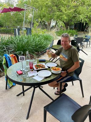 Dinner by the pool, still in our bathers - very nice and casual! at Anbinik Restaurant in Jabiru