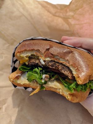 Everything on brioche bun at Indigo Burger in Newark