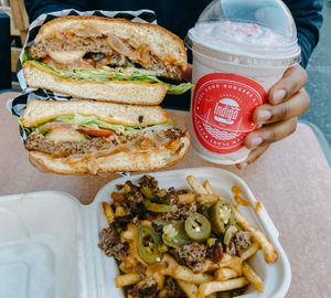indigo burger, loaded fries and peppermint milkshake  at Indigo Burger in Newark