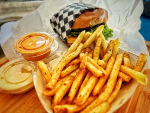 Burger 🍔 and fríes   at Indigo Burger in Newark