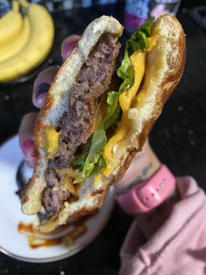 Messy Yet Delicious 🤤 Vegan Burger (Impossible is the Default); Trying to Show Size (Pretty Good Size)  at Indigo Burger in Newark