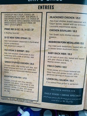 Entree menu at The Roof Top in Regina