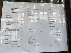 Menu posted outside! Check out the labeled vegan options! at Mainely Noods in Portland