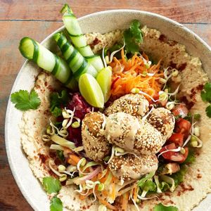 Homemade Falafel Salad Bowl with hummus at Kola in Koggala