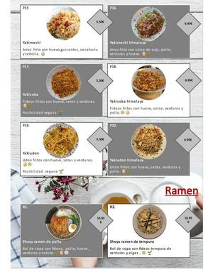 The green v means vegan. Ramen and sides. at Himalaya in Lleida