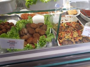 Two types of falafel and other veg choices at Pamcial Srl in Bologna